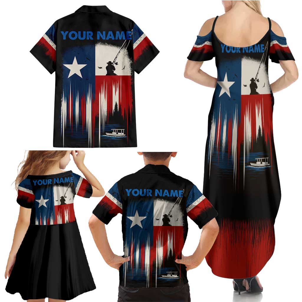 Texas Flag Fishing Family Matching Summer Maxi Dress and Hawaiian Shirt with Silhouette Fisherman and Rustic Lake Scene in Red White Blue - Wonder Print Shop