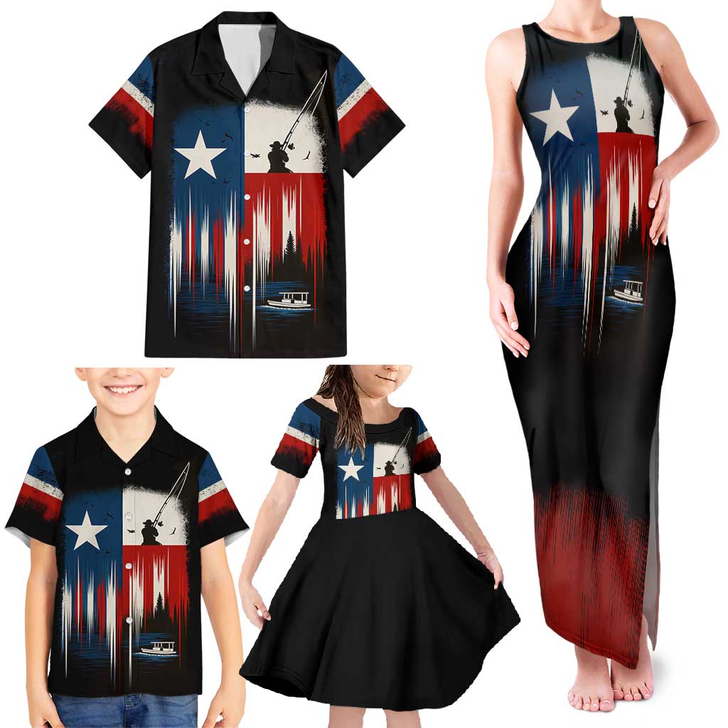 Texas Flag Fishing Family Matching Tank Maxi Dress and Hawaiian Shirt with Silhouette Fisherman and Rustic Lake Scene in Red White Blue - Wonder Print Shop