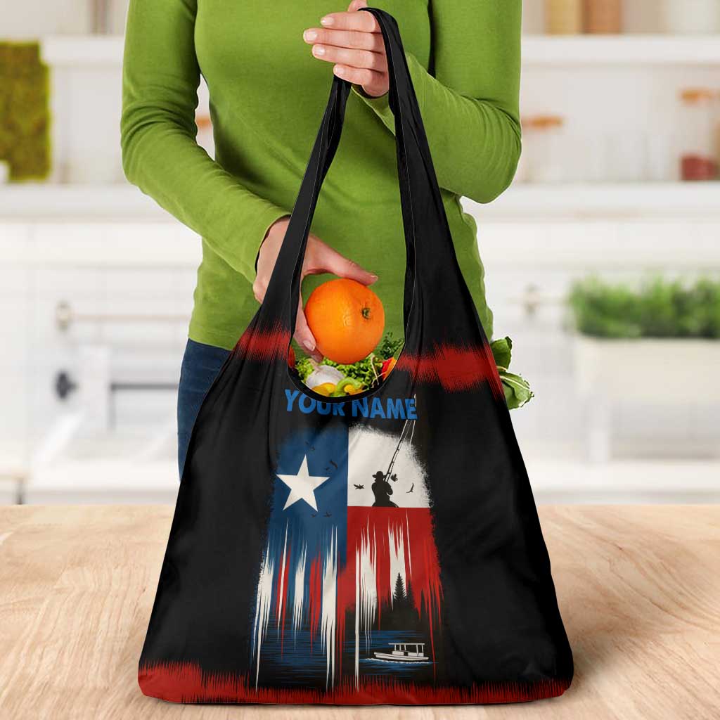 Texas Flag Fishing Grocery Bag with Silhouette Fisherman and Rustic Lake Scene in Red White Blue - Wonder Print Shop