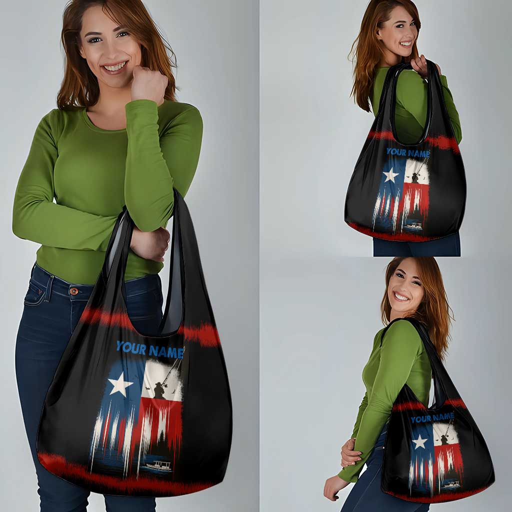 Texas Flag Fishing Grocery Bag with Silhouette Fisherman and Rustic Lake Scene in Red White Blue - Wonder Print Shop