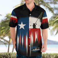 Texas Flag Fishing Hawaiian Shirt with Silhouette Fisherman and Rustic Lake Scene in Red White Blue - Wonder Print Shop