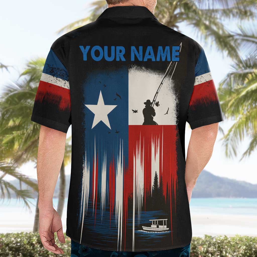 Texas Flag Fishing Hawaiian Shirt with Silhouette Fisherman and Rustic Lake Scene in Red White Blue - Wonder Print Shop
