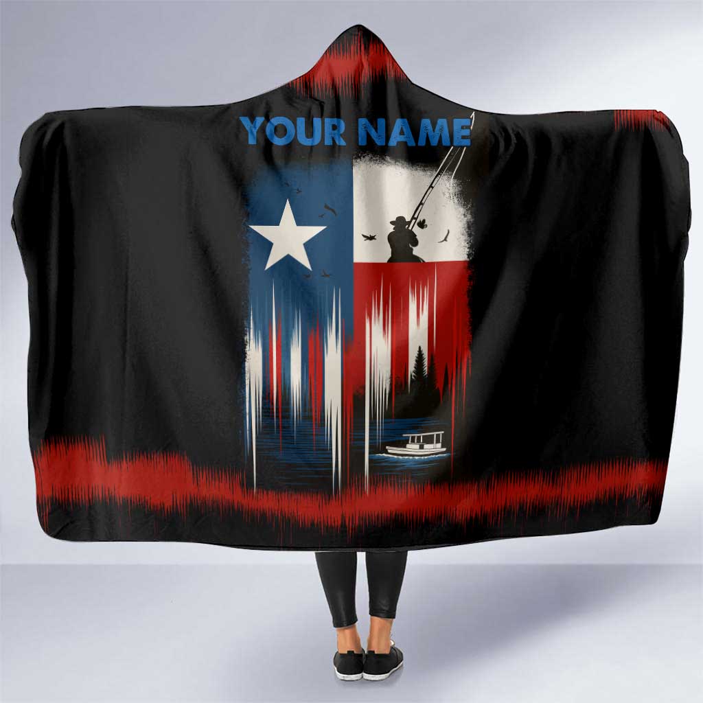 Texas Flag Fishing Hooded Blanket with Silhouette Fisherman and Rustic Lake Scene in Red White Blue - Wonder Print Shop