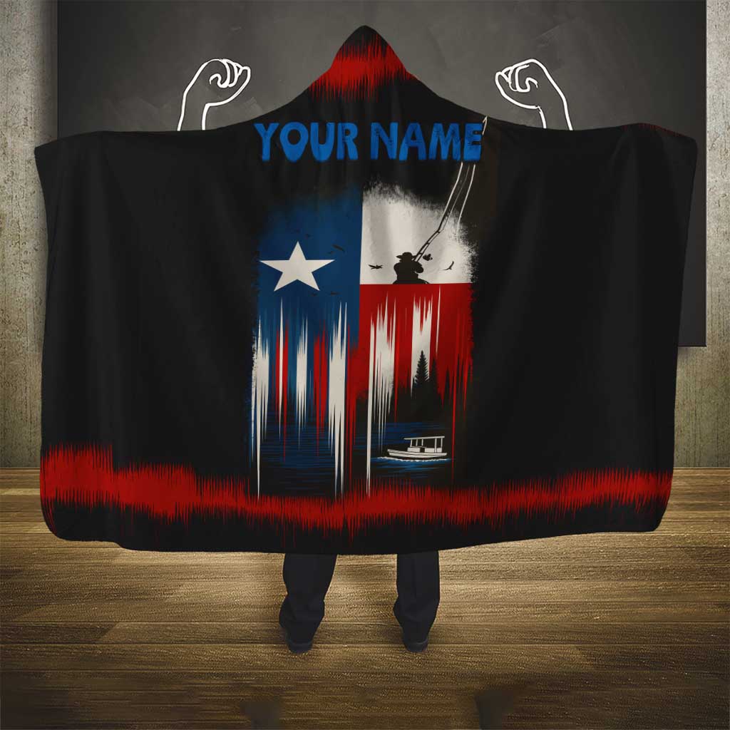 Texas Flag Fishing Hooded Blanket with Silhouette Fisherman and Rustic Lake Scene in Red White Blue - Wonder Print Shop