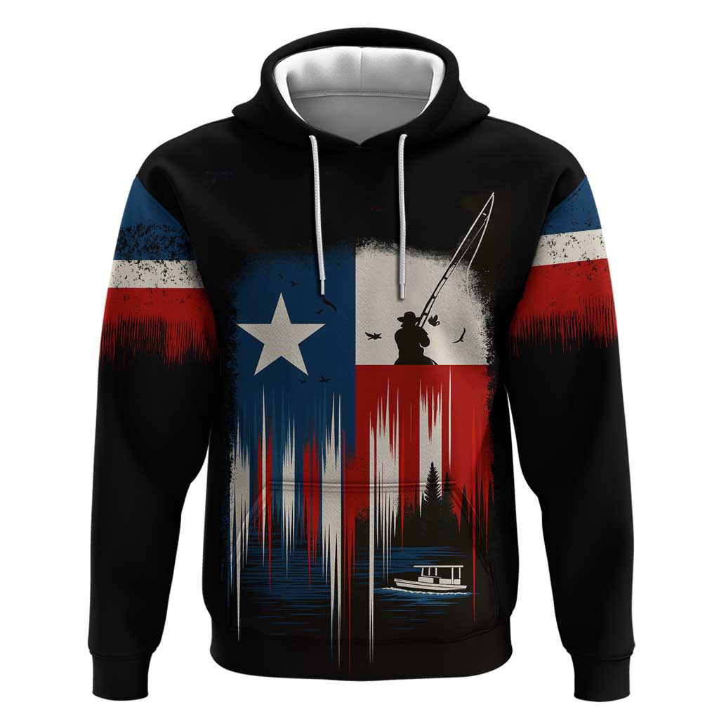 Texas Flag Fishing Hoodie with Silhouette Fisherman and Rustic Lake Scene in Red White Blue - Wonder Print Shop