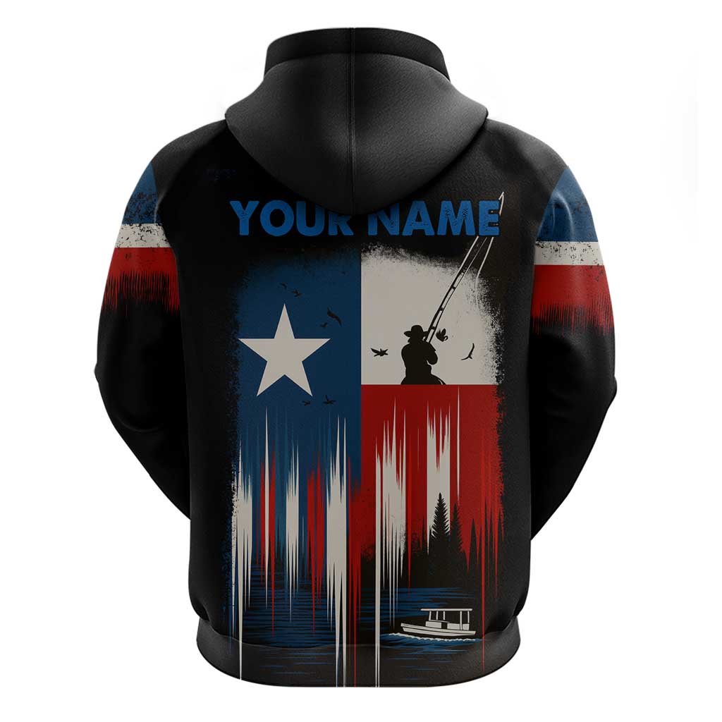 Texas Flag Fishing Hoodie with Silhouette Fisherman and Rustic Lake Scene in Red White Blue - Wonder Print Shop