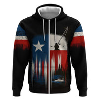 Texas Flag Fishing Hoodie with Silhouette Fisherman and Rustic Lake Scene in Red White Blue - Wonder Print Shop