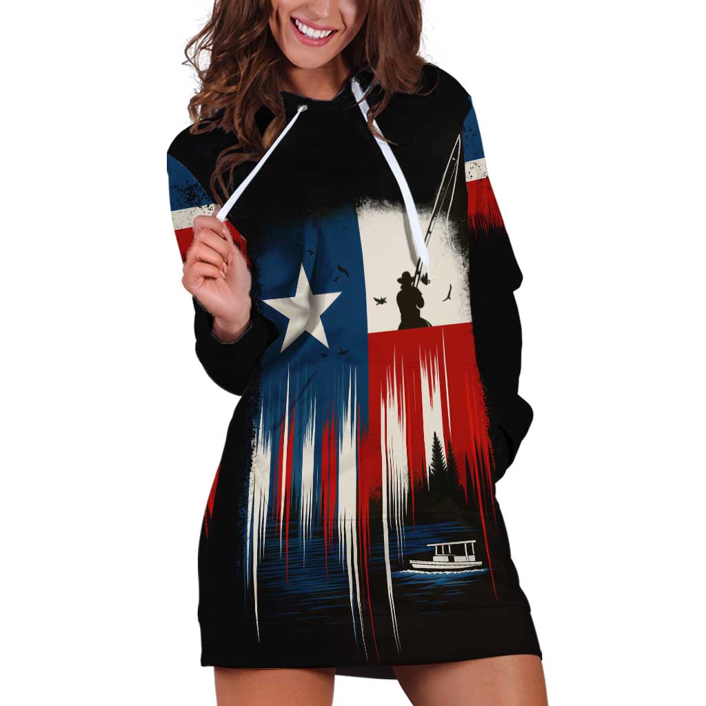 Texas Flag Fishing Hoodie Dress with Silhouette Fisherman and Rustic Lake Scene in Red White Blue - Wonder Print Shop