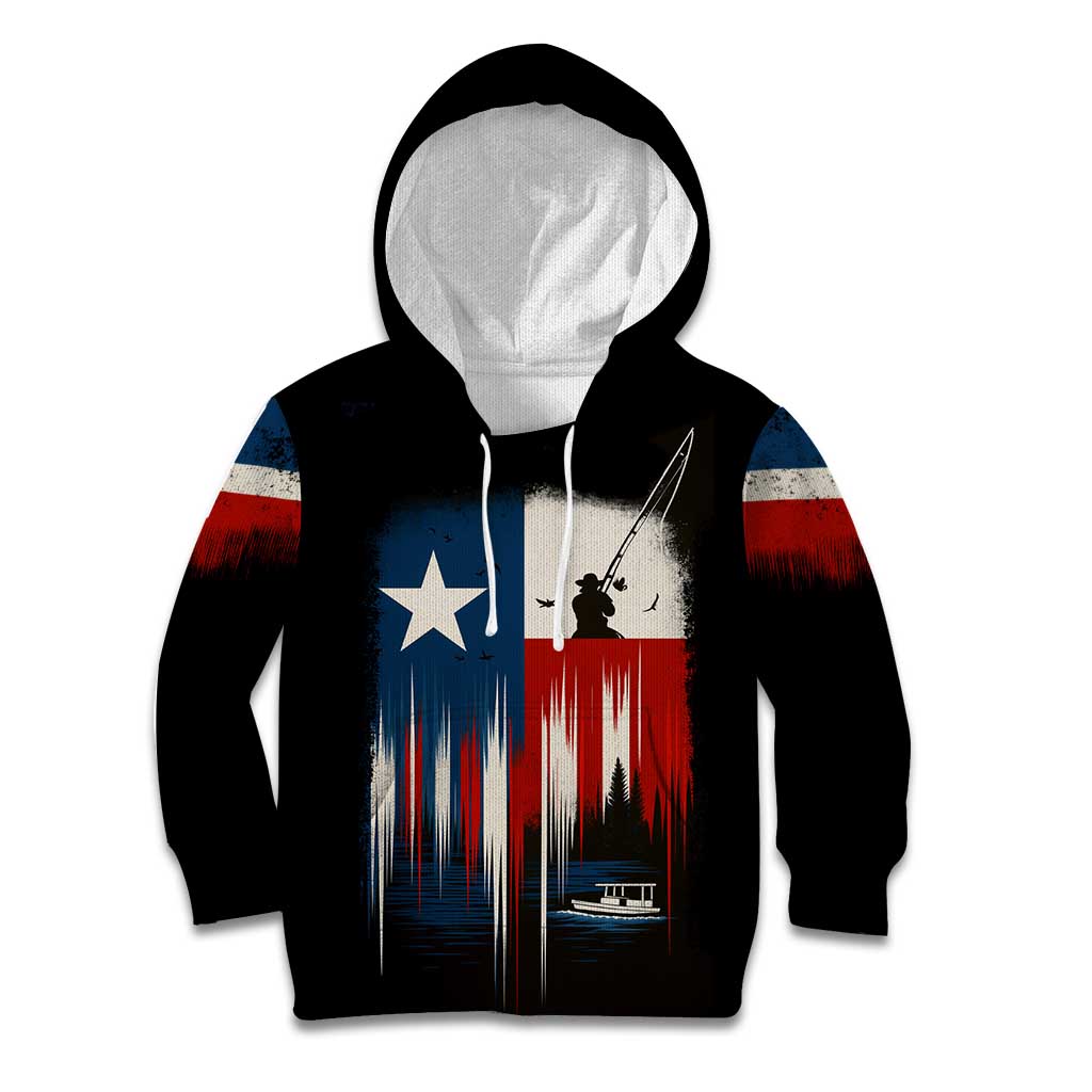 Texas Flag Fishing Kid Hoodie with Silhouette Fisherman and Rustic Lake Scene in Red White Blue - Wonder Print Shop