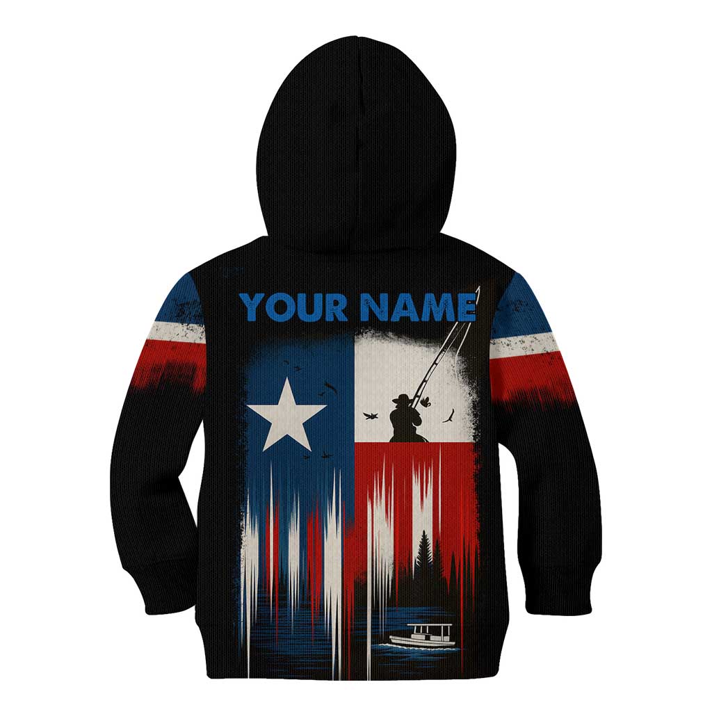 Texas Flag Fishing Kid Hoodie with Silhouette Fisherman and Rustic Lake Scene in Red White Blue - Wonder Print Shop