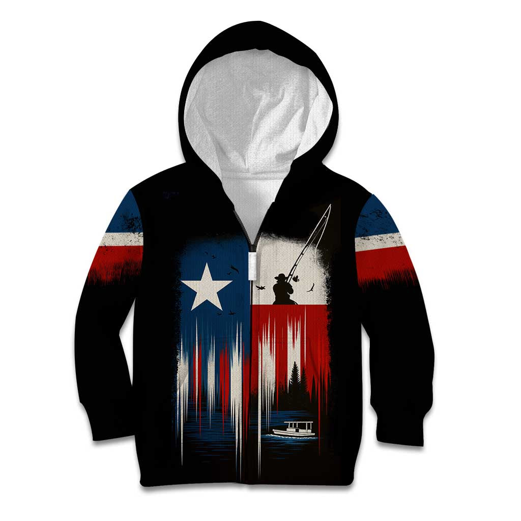 Texas Flag Fishing Kid Hoodie with Silhouette Fisherman and Rustic Lake Scene in Red White Blue - Wonder Print Shop