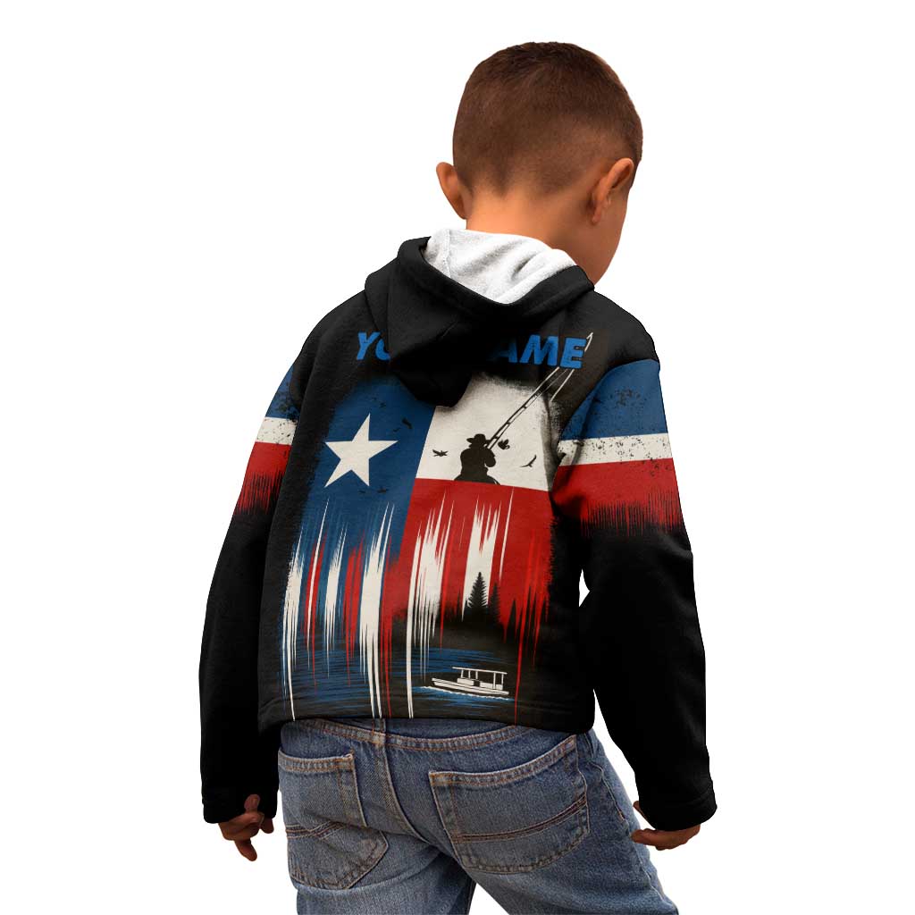 Texas Flag Fishing Kid Hoodie with Silhouette Fisherman and Rustic Lake Scene in Red White Blue - Wonder Print Shop
