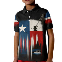 Texas Flag Fishing Kid Polo Shirt with Silhouette Fisherman and Rustic Lake Scene in Red White Blue - Wonder Print Shop
