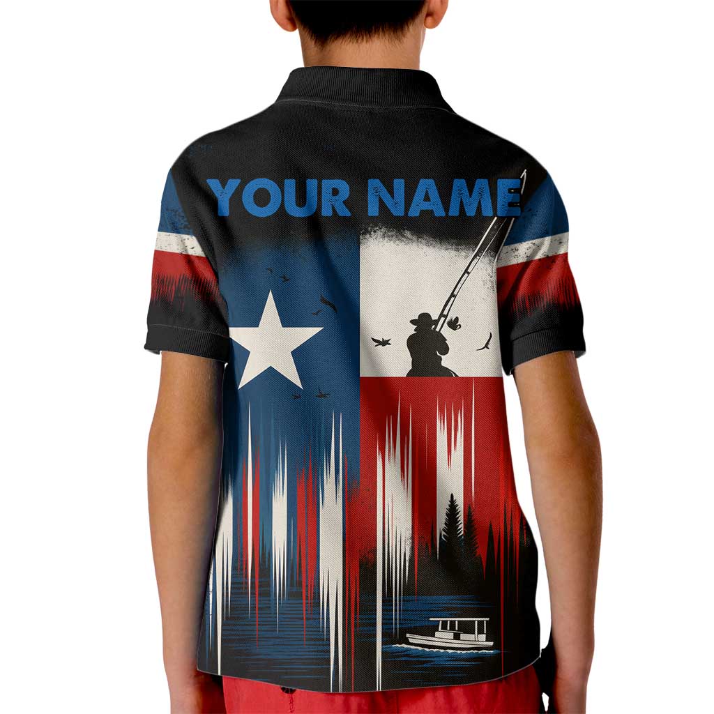 Texas Flag Fishing Kid Polo Shirt with Silhouette Fisherman and Rustic Lake Scene in Red White Blue - Wonder Print Shop
