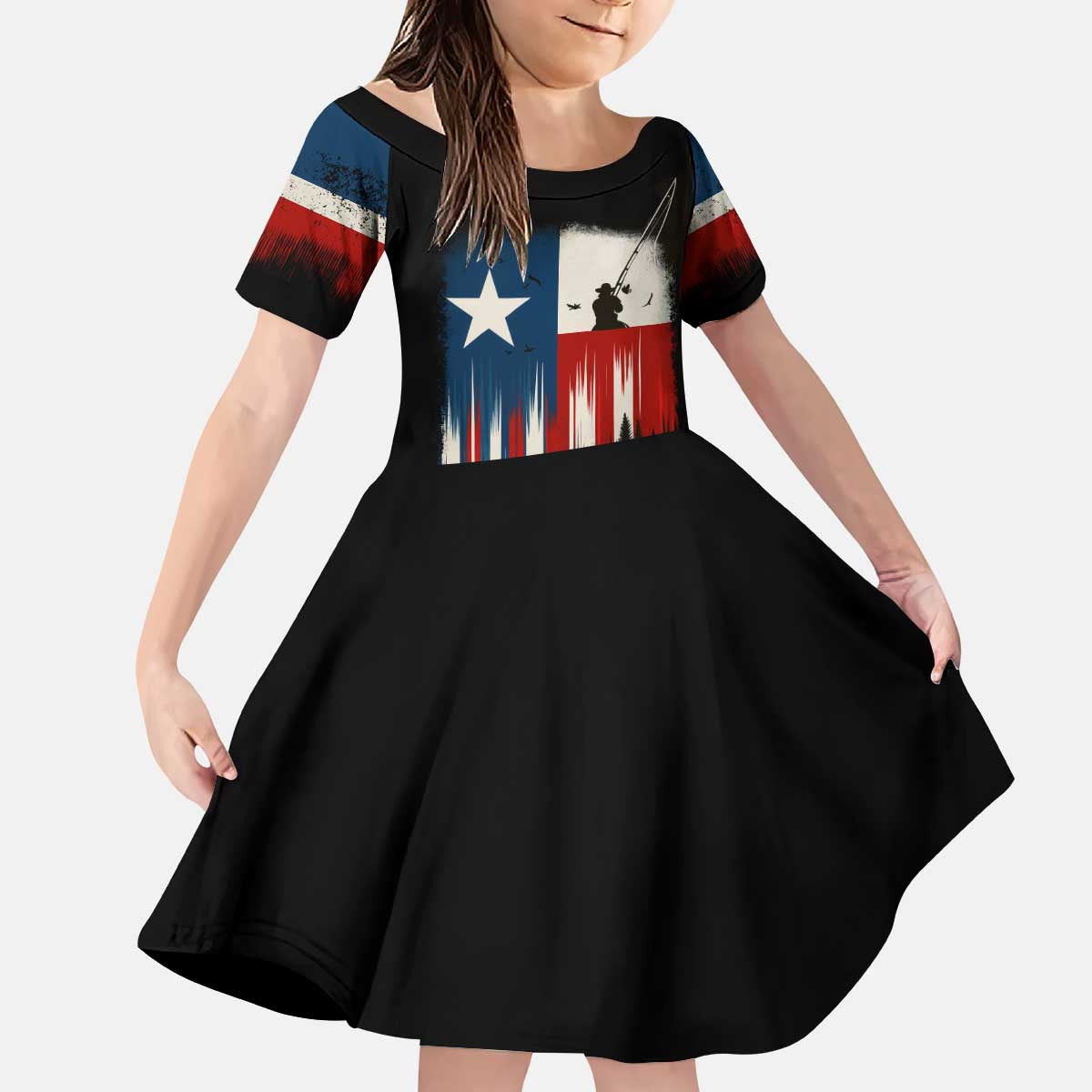 Texas Flag Fishing Kid Short Sleeve Dress with Silhouette Fisherman and Rustic Lake Scene in Red White Blue - Wonder Print Shop