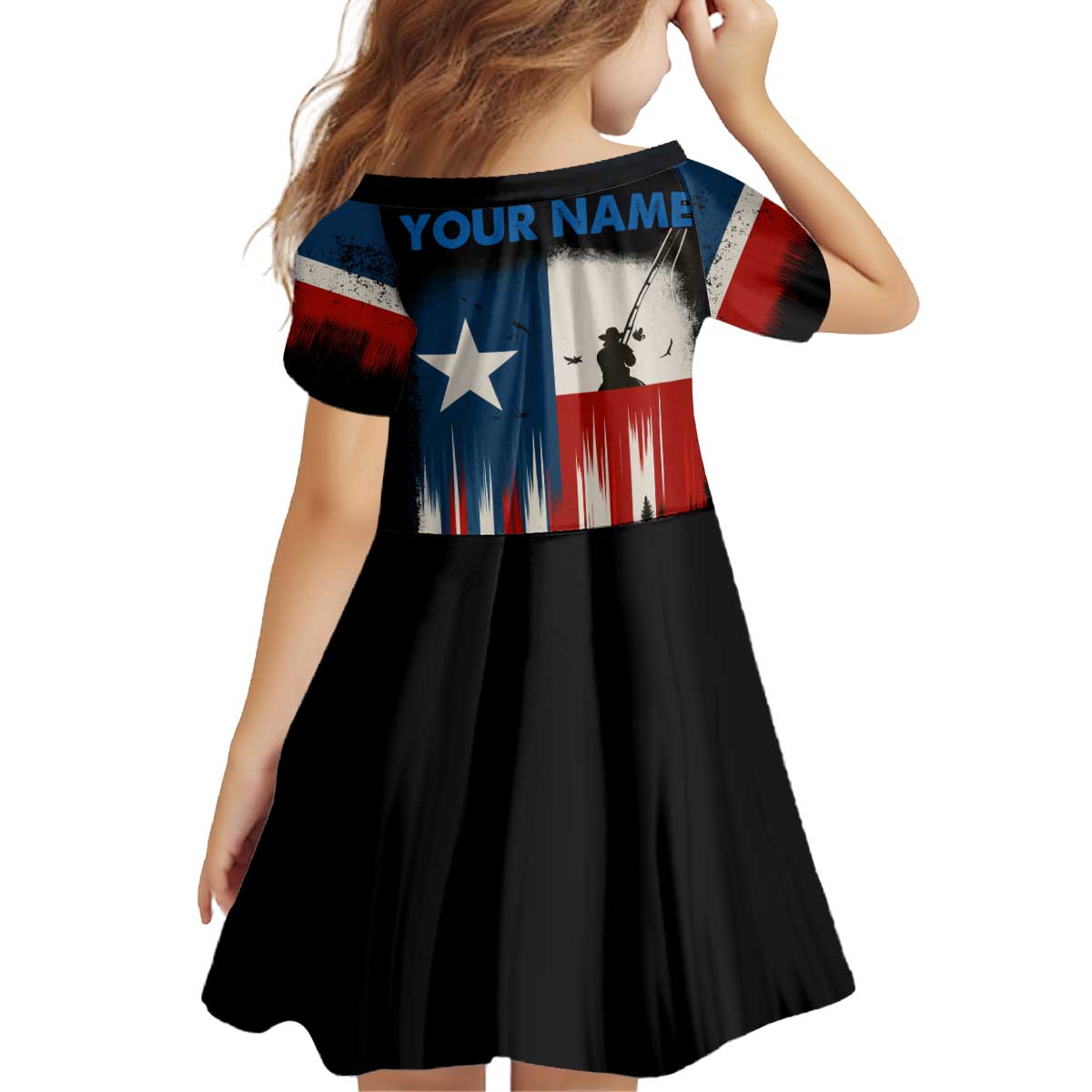 Texas Flag Fishing Kid Short Sleeve Dress with Silhouette Fisherman and Rustic Lake Scene in Red White Blue - Wonder Print Shop