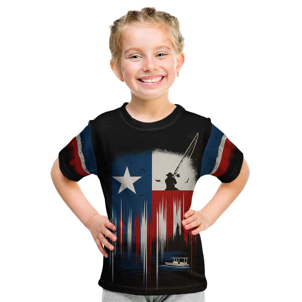 Texas Flag Fishing Kid T Shirt with Silhouette Fisherman and Rustic Lake Scene in Red White Blue - Wonder Print Shop