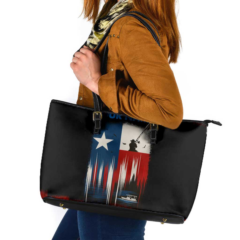 Texas Flag Fishing Leather Tote Bag with Silhouette Fisherman and Rustic Lake Scene in Red White Blue - Wonder Print Shop