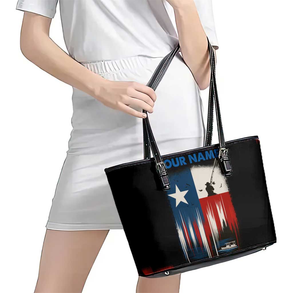 Texas Flag Fishing Leather Tote Bag with Silhouette Fisherman and Rustic Lake Scene in Red White Blue - Wonder Print Shop