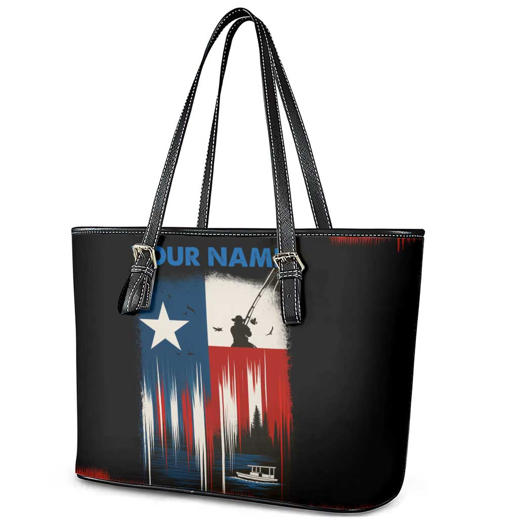 Texas Flag Fishing Leather Tote Bag with Silhouette Fisherman and Rustic Lake Scene in Red White Blue - Wonder Print Shop