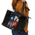 Texas Flag Fishing Leather Tote Bag with Silhouette Fisherman and Rustic Lake Scene in Red White Blue - Wonder Print Shop