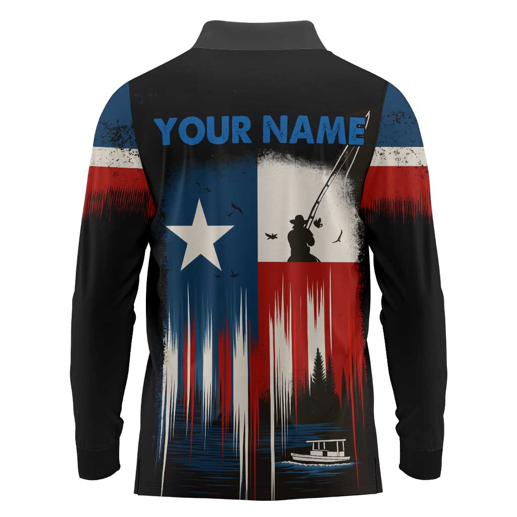 Texas Flag Fishing Long Sleeve Polo Shirt with Silhouette Fisherman and Rustic Lake Scene in Red White Blue - Wonder Print Shop