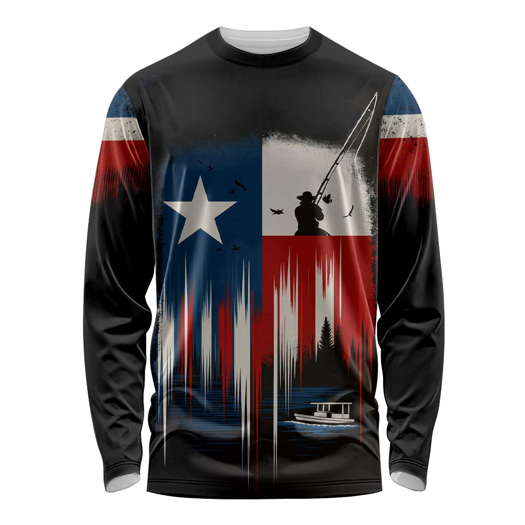 Texas Flag Fishing Long Sleeve Shirt with Silhouette Fisherman and Rustic Lake Scene in Red White Blue - Wonder Print Shop