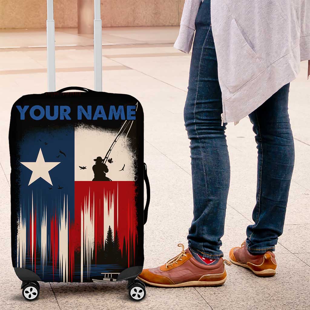 Texas Flag Fishing Luggage Cover with Silhouette Fisherman and Rustic Lake Scene in Red White Blue - Wonder Print Shop