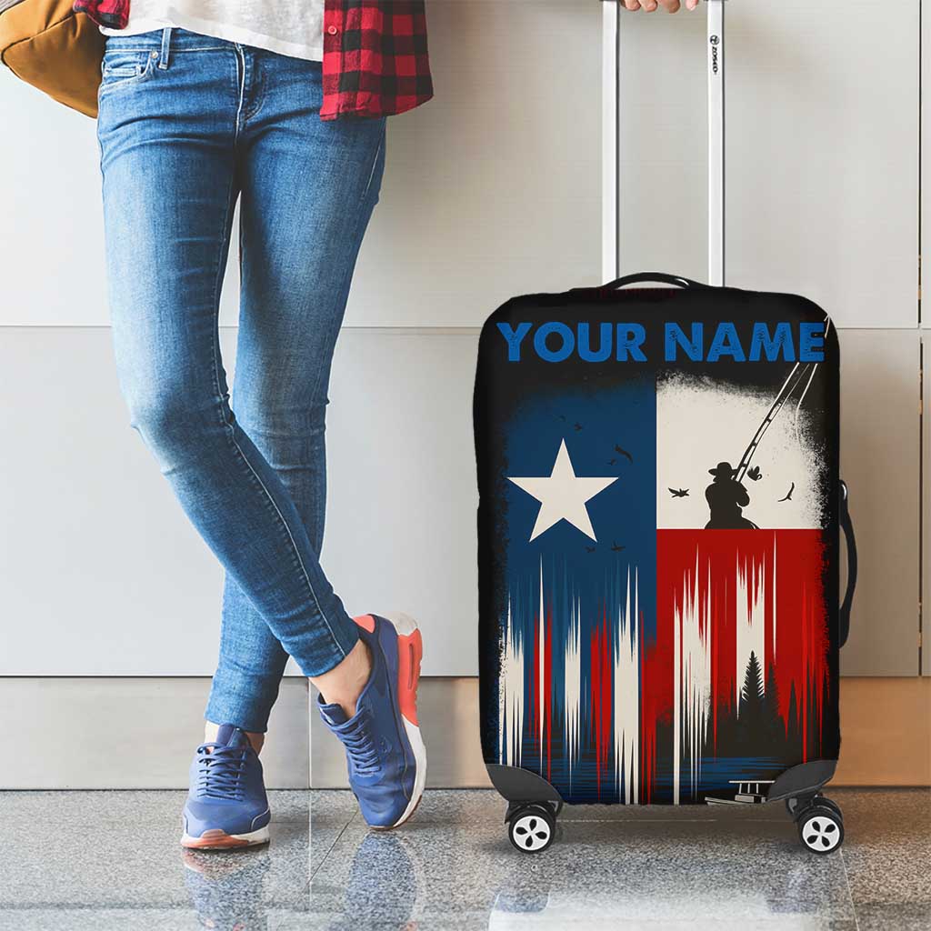 Texas Flag Fishing Luggage Cover with Silhouette Fisherman and Rustic Lake Scene in Red White Blue - Wonder Print Shop