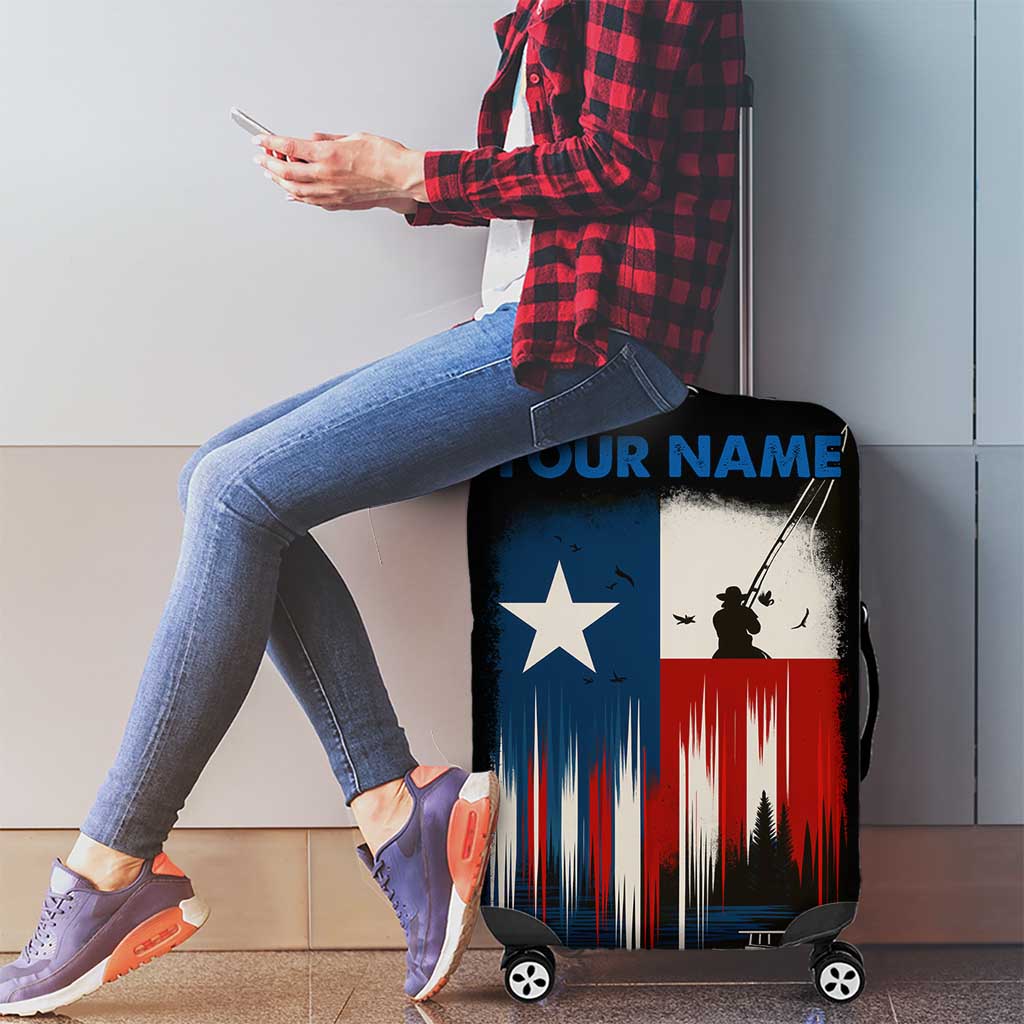 Texas Flag Fishing Luggage Cover with Silhouette Fisherman and Rustic Lake Scene in Red White Blue - Wonder Print Shop