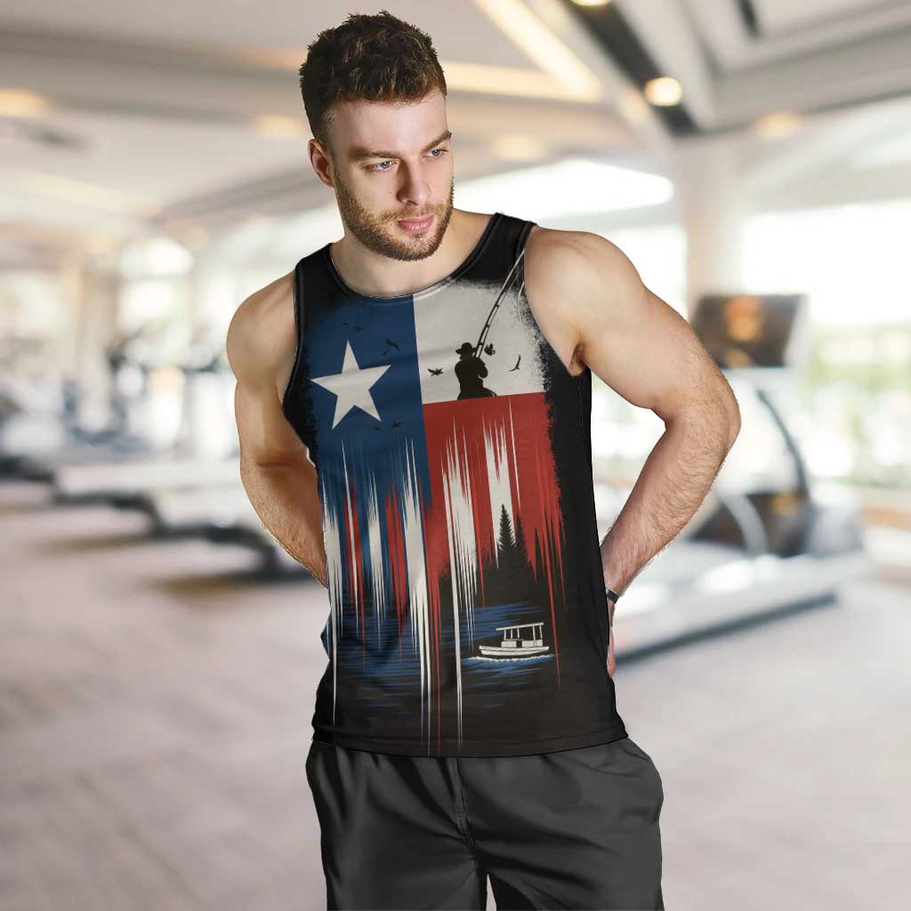 Texas Flag Fishing Men Tank Top with Silhouette Fisherman and Rustic Lake Scene in Red White Blue - Wonder Print Shop