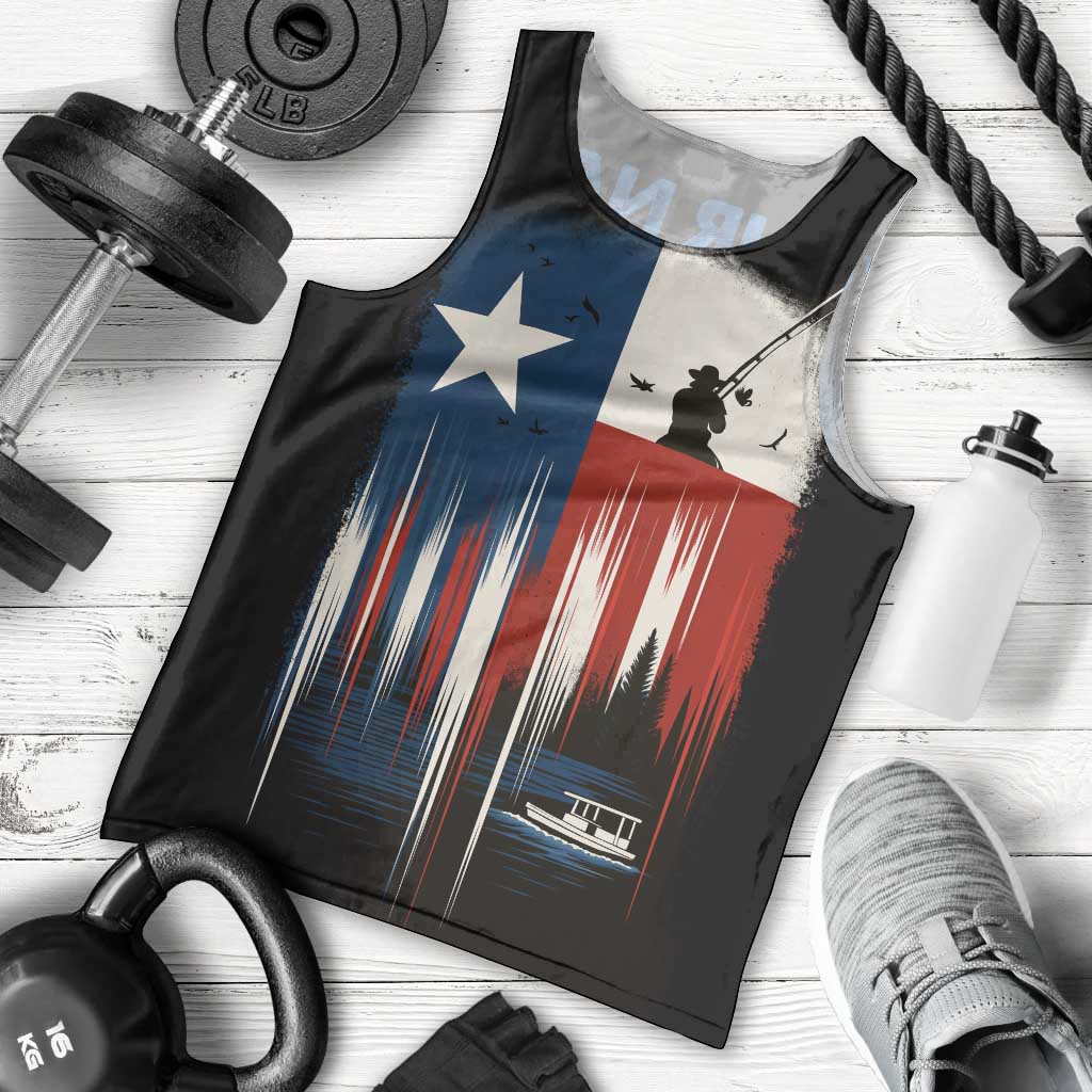 Texas Flag Fishing Men Tank Top with Silhouette Fisherman and Rustic Lake Scene in Red White Blue - Wonder Print Shop