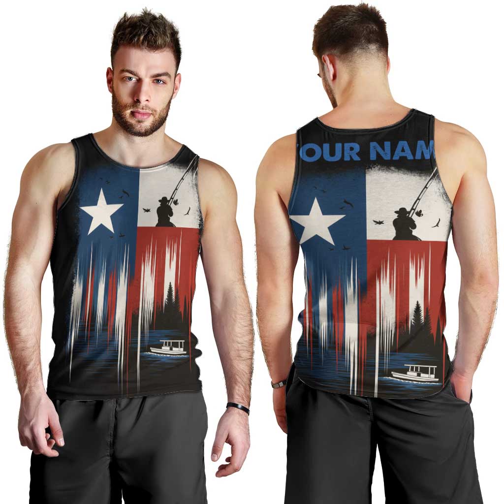 Texas Flag Fishing Men Tank Top with Silhouette Fisherman and Rustic Lake Scene in Red White Blue - Wonder Print Shop