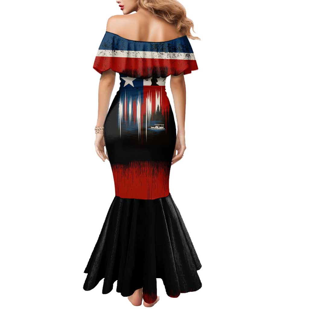 Texas Flag Fishing Mermaid Dress with Silhouette Fisherman and Rustic Lake Scene in Red White Blue - Wonder Print Shop
