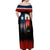 Texas Flag Fishing Off Shoulder Maxi Dress with Silhouette Fisherman and Rustic Lake Scene in Red White Blue - Wonder Print Shop