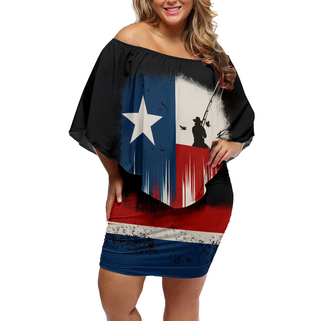 Texas Flag Fishing Off Shoulder Short Dress with Silhouette Fisherman and Rustic Lake Scene in Red White Blue - Wonder Print Shop