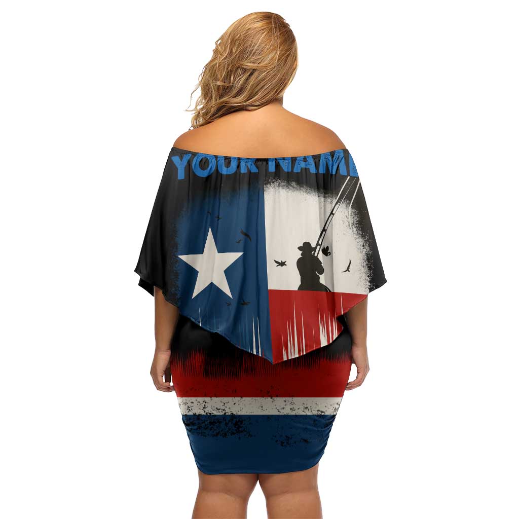 Texas Flag Fishing Off Shoulder Short Dress with Silhouette Fisherman and Rustic Lake Scene in Red White Blue - Wonder Print Shop