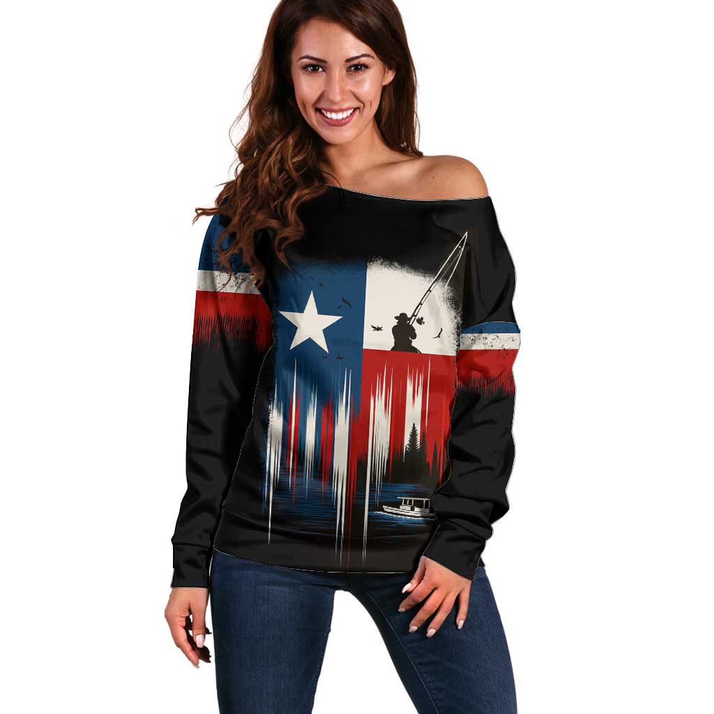 Texas Flag Fishing Off Shoulder Sweater with Silhouette Fisherman and Rustic Lake Scene in Red White Blue - Wonder Print Shop