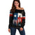 Texas Flag Fishing Off Shoulder Sweater with Silhouette Fisherman and Rustic Lake Scene in Red White Blue - Wonder Print Shop