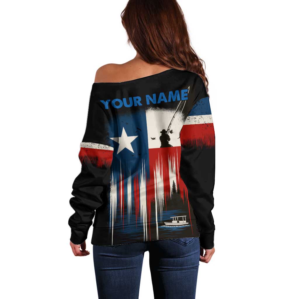 Texas Flag Fishing Off Shoulder Sweater with Silhouette Fisherman and Rustic Lake Scene in Red White Blue - Wonder Print Shop