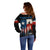 Texas Flag Fishing Off Shoulder Sweater with Silhouette Fisherman and Rustic Lake Scene in Red White Blue - Wonder Print Shop