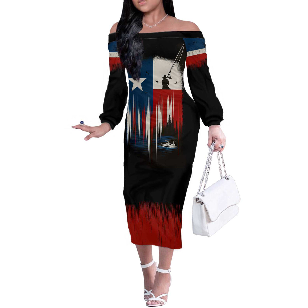 Texas Flag Fishing Off The Shoulder Long Sleeve Dress with Silhouette Fisherman and Rustic Lake Scene in Red White Blue - Wonder Print Shop