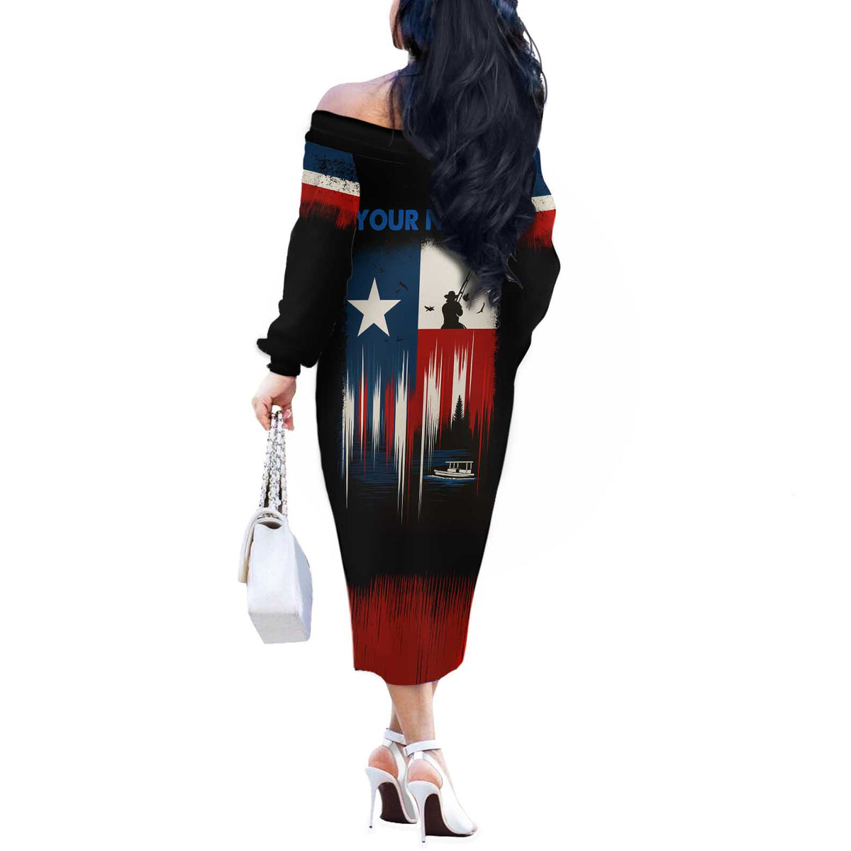Texas Flag Fishing Off The Shoulder Long Sleeve Dress with Silhouette Fisherman and Rustic Lake Scene in Red White Blue - Wonder Print Shop