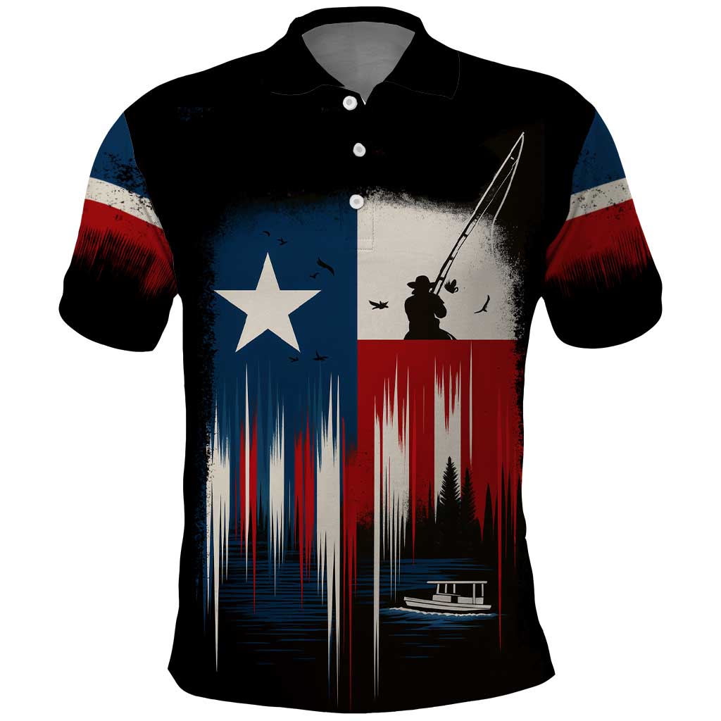 Texas Flag Fishing Polo Shirt with Silhouette Fisherman and Rustic Lake Scene in Red White Blue - Wonder Print Shop