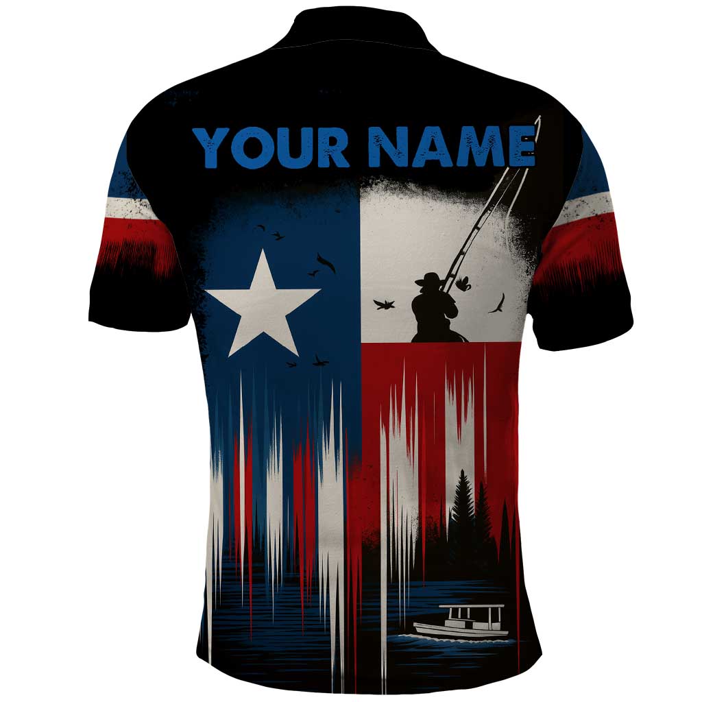 Texas Flag Fishing Polo Shirt with Silhouette Fisherman and Rustic Lake Scene in Red White Blue - Wonder Print Shop