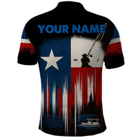 Texas Flag Fishing Polo Shirt with Silhouette Fisherman and Rustic Lake Scene in Red White Blue - Wonder Print Shop