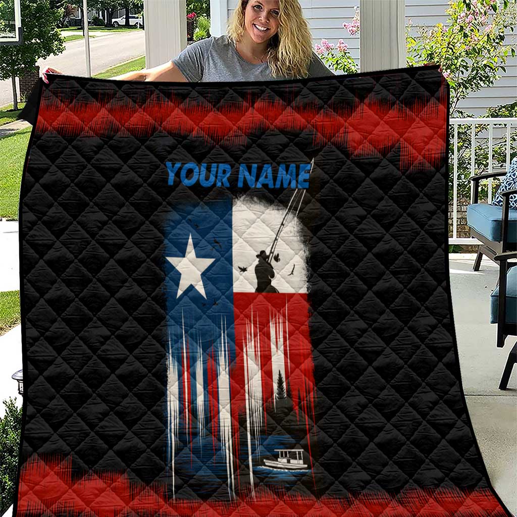 Texas Flag Fishing Quilt with Silhouette Fisherman and Rustic Lake Scene in Red White Blue - Wonder Print Shop