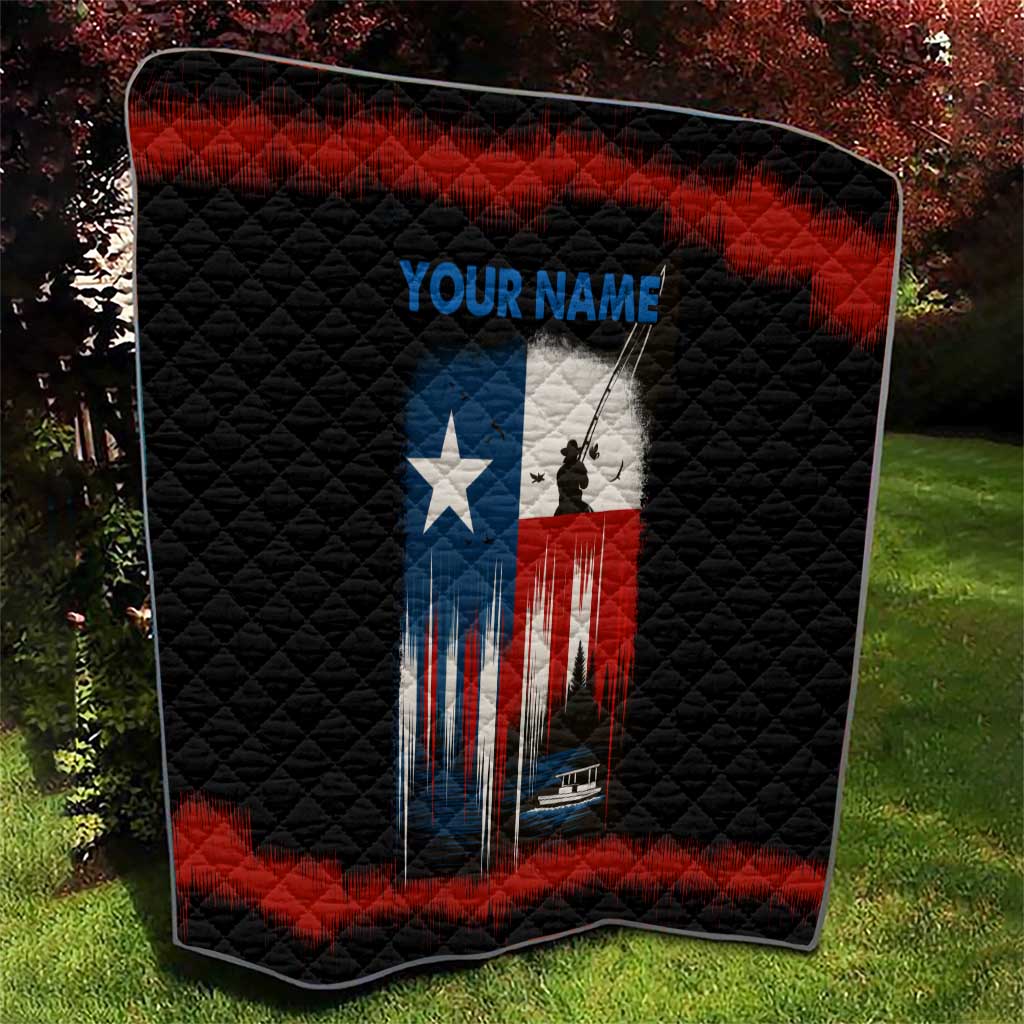 Texas Flag Fishing Quilt with Silhouette Fisherman and Rustic Lake Scene in Red White Blue - Wonder Print Shop