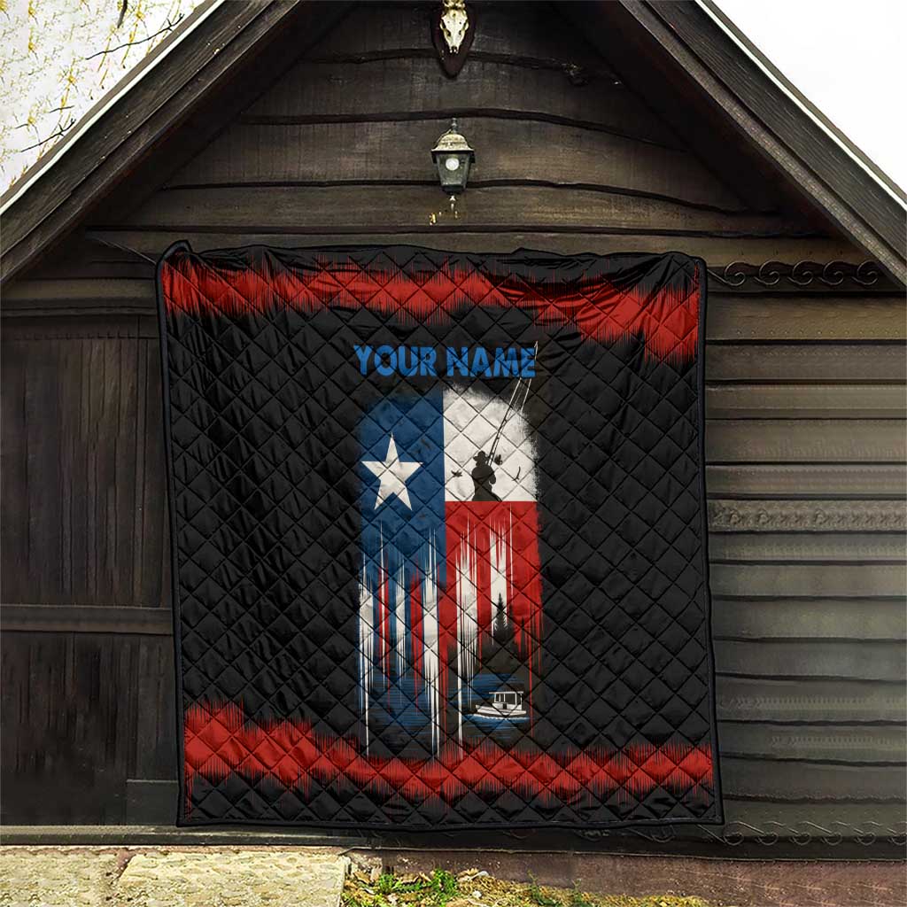 Texas Flag Fishing Quilt with Silhouette Fisherman and Rustic Lake Scene in Red White Blue - Wonder Print Shop