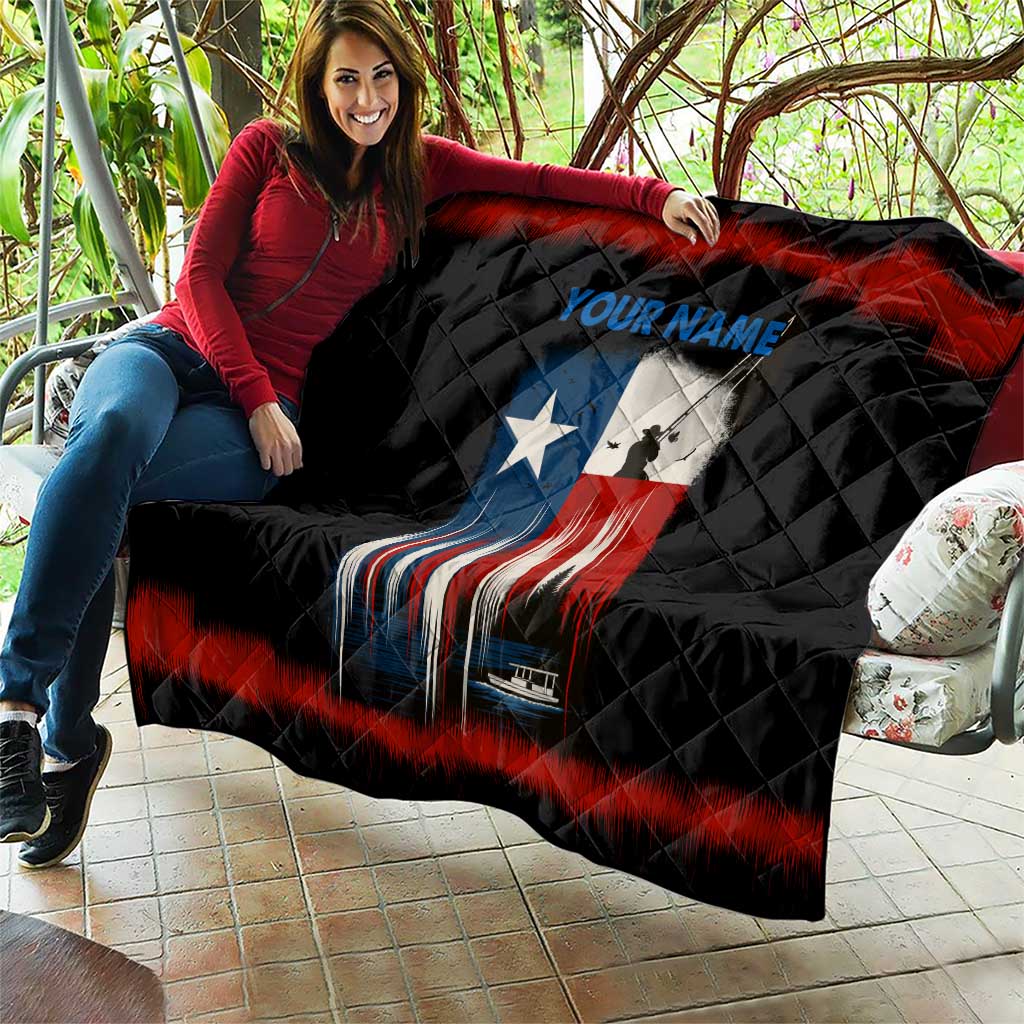 Texas Flag Fishing Quilt with Silhouette Fisherman and Rustic Lake Scene in Red White Blue - Wonder Print Shop